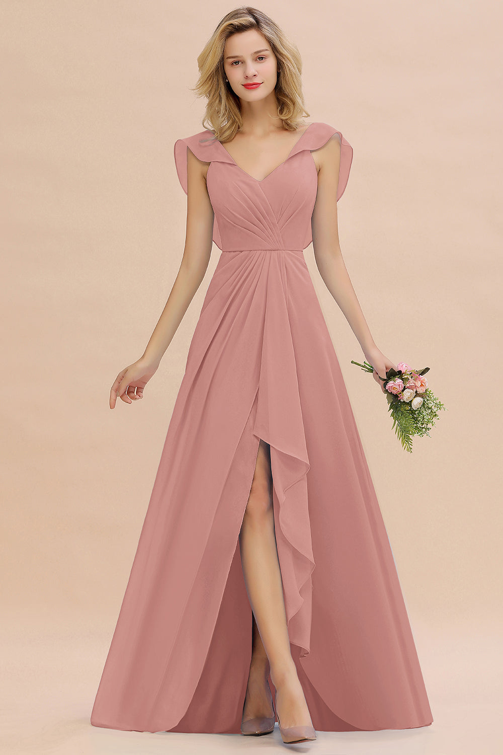 Simple High Low A-line V-Neck Ruffles Chiffon Bridesmaid Dress