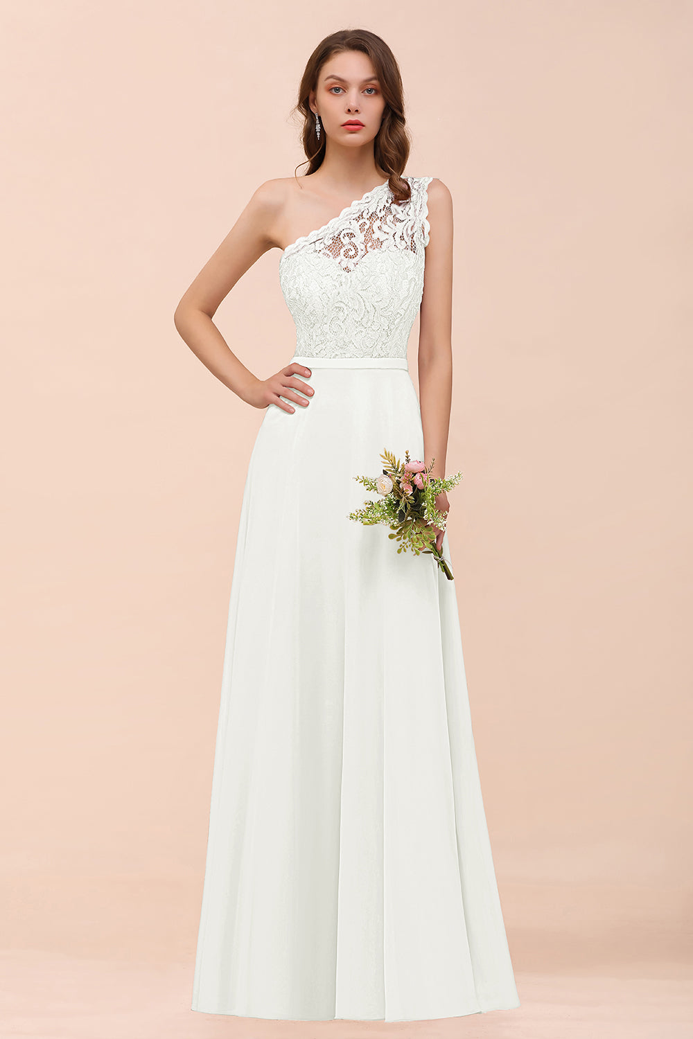 Classy One Shoulder Appliques Lace Floor Length A-Line Chiffon Bridesmaid Dress