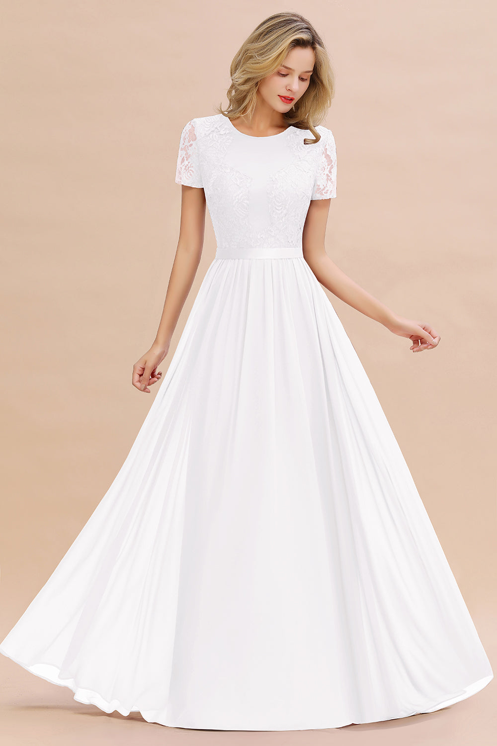 Chiffon Lace Scoop Short Sleeve Bridesmaid Dress