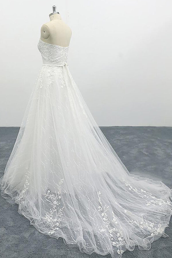 Strapless Long Tulle Chapel Train Lace A-line Wedding Dress