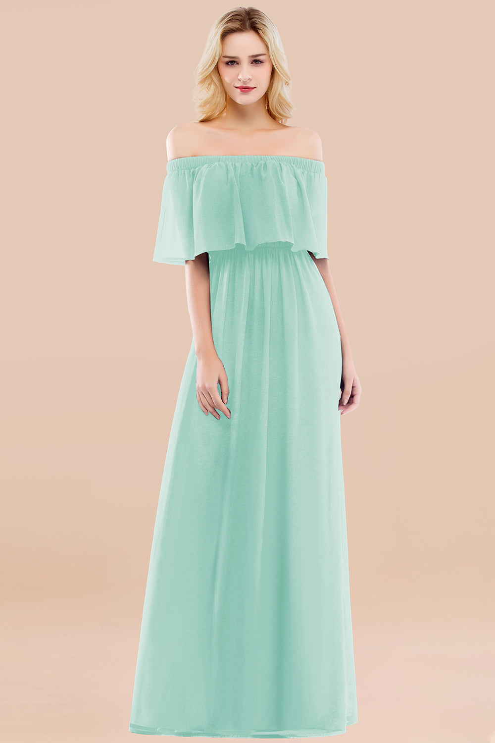A-line Chiffon Off the Shoulder Short Sleeves Ruffles Floor Length Bridesmaid Dress