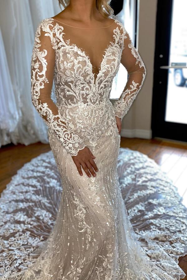 Charming Long Sleeves Mermaid V-neck Tulle Lace Wedding Dress with Ruffles