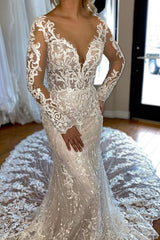 Charming Long Sleeves Mermaid V-neck Tulle Lace Wedding Dress with Ruffles