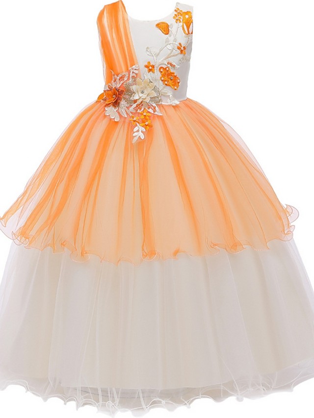 Long A-line Satin Sleeveless Jewel Neck Tulle Flower Girl Dresses For Wedding