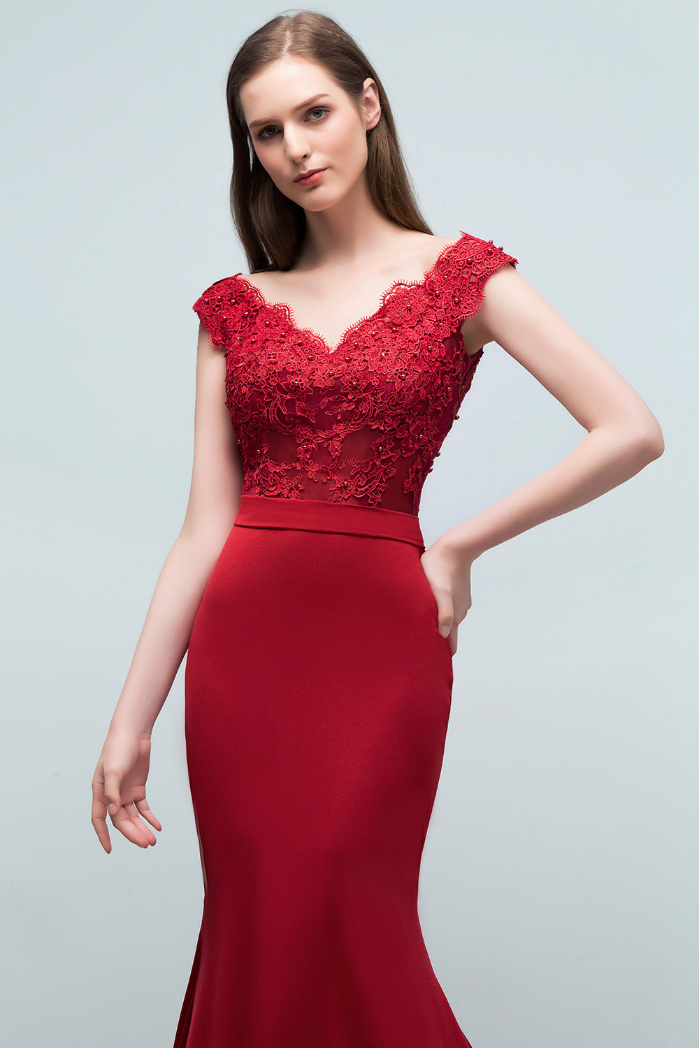 Red Long V-neck Stretch Satin Mermaid Evening Dress