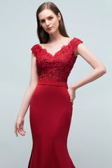 Red Long V-neck Stretch Satin Mermaid Evening Dress