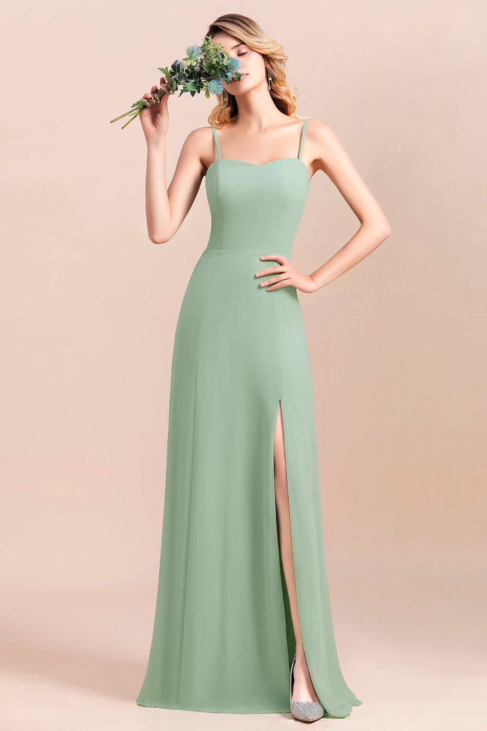 Romantic Sage Long Spaghetti Straps A-Line Chiffon Bridesmaid Dress With Side Slit