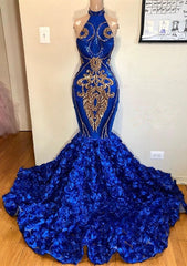 Royal Blue Long Halter Sleeveless Flowers Mermaid Prom Dresses