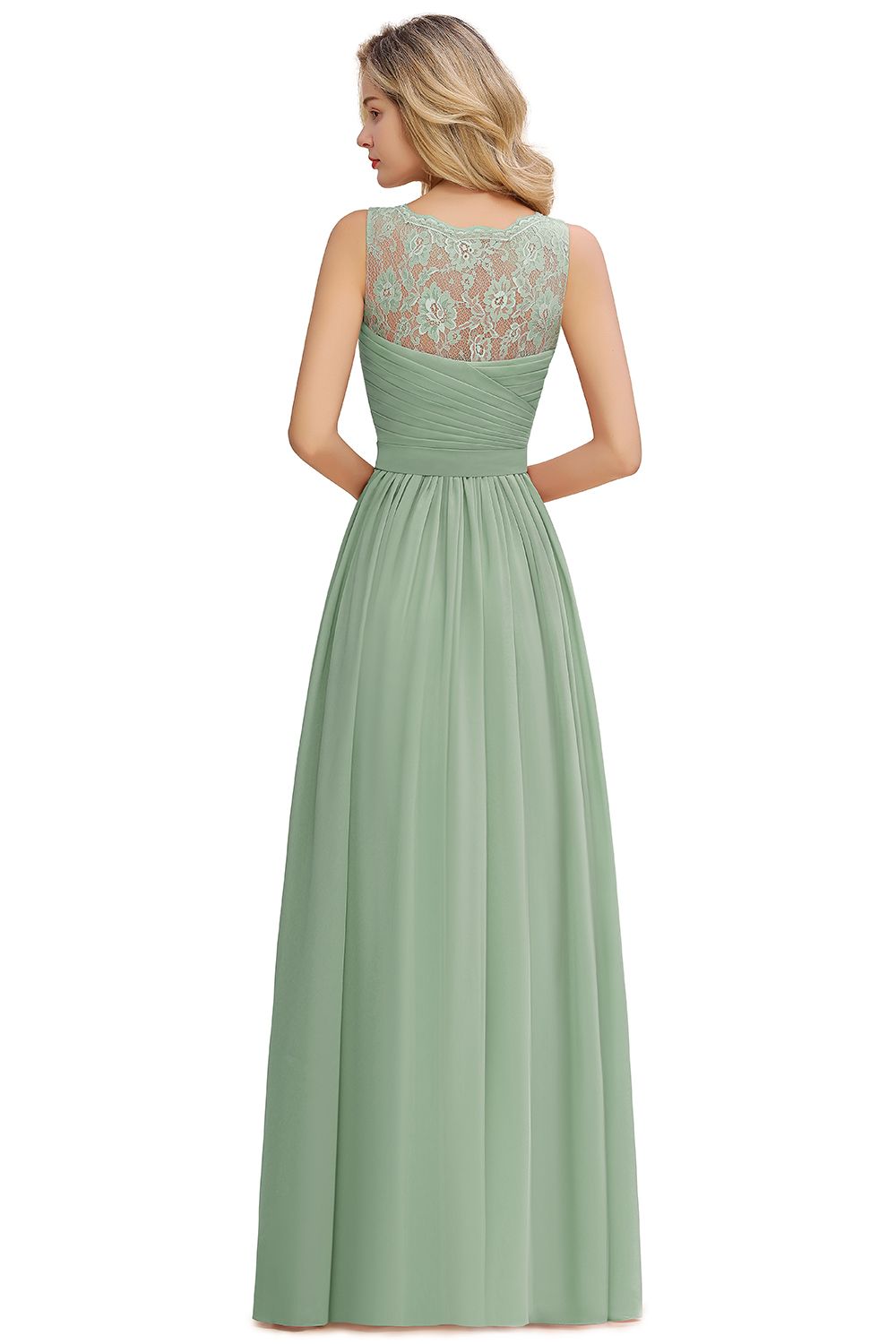 Long A Line Chiffon Sleeveless Lace Bridesmaid Dress with Ruffle