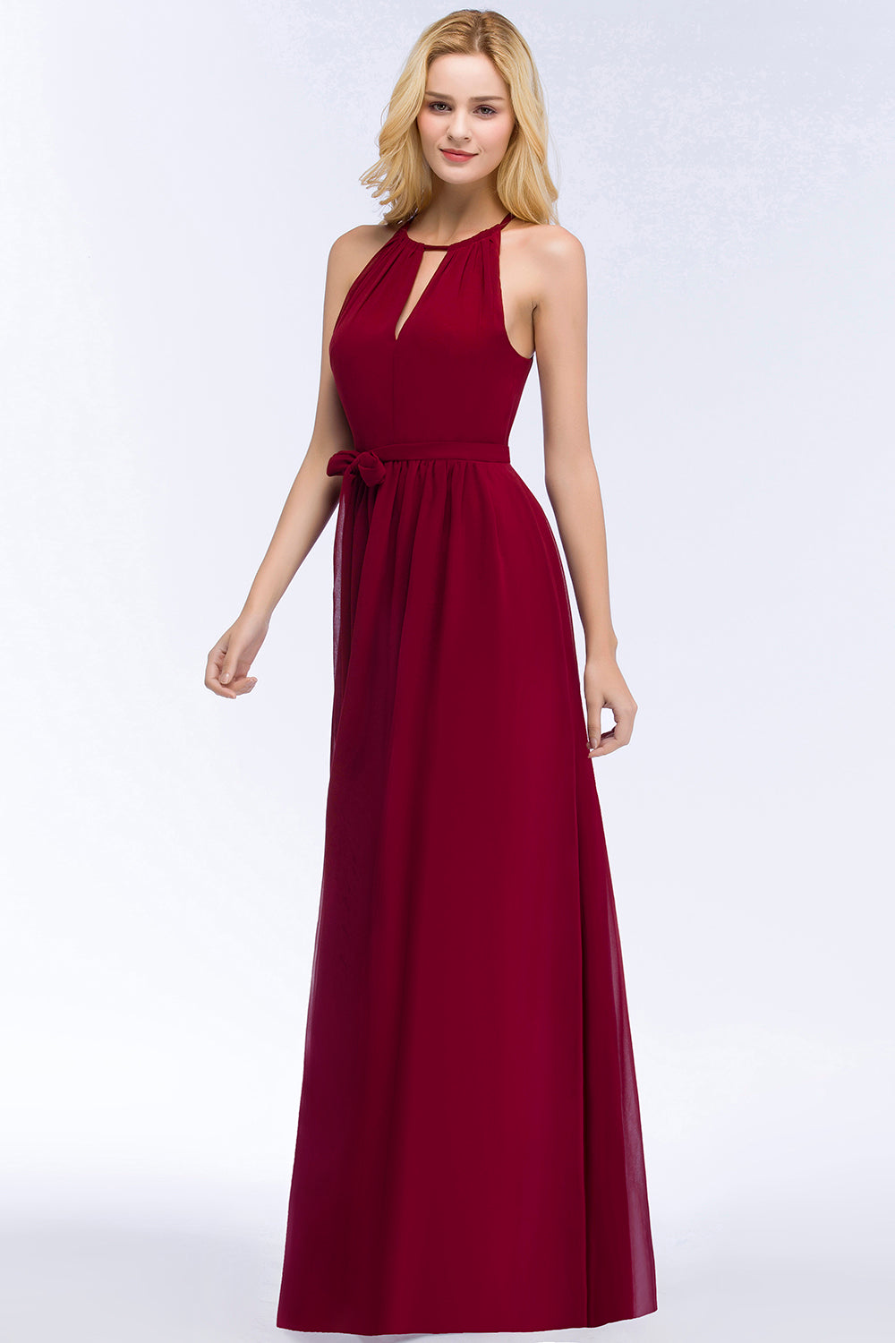Vintage A-Line Chiffon Halter Sleeveless Ruffles Bridesmaid Dresses with Bow Sash