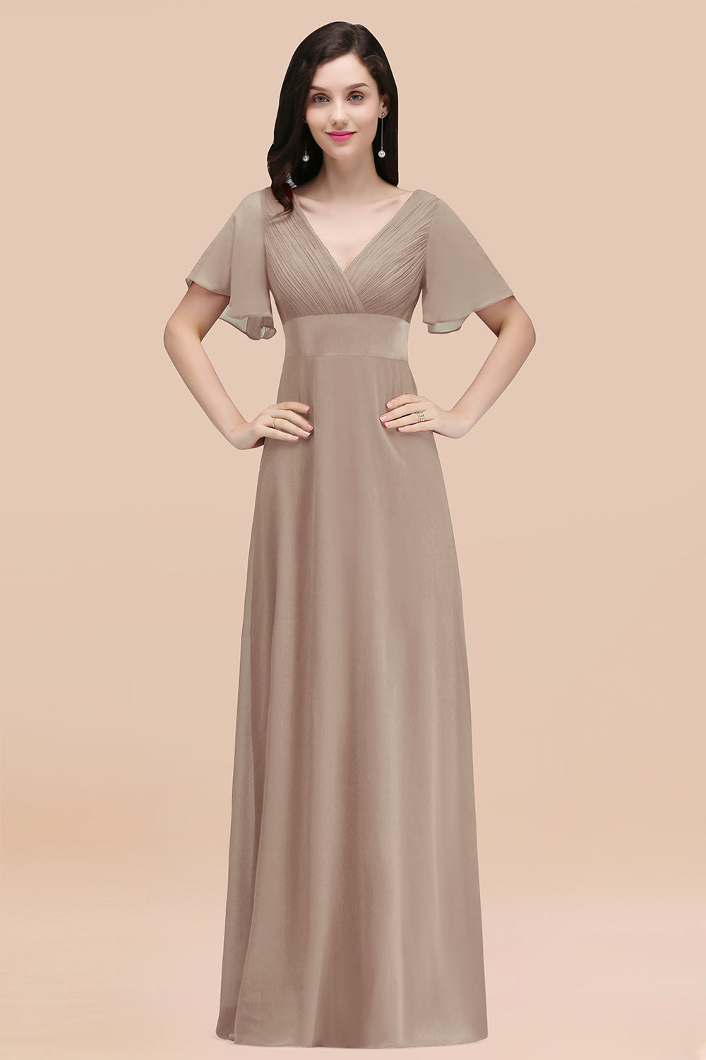 Simple A-Line Chiffon V-Neck Short Sleeves Ruffles Floor Length Bridesmaid Dresses