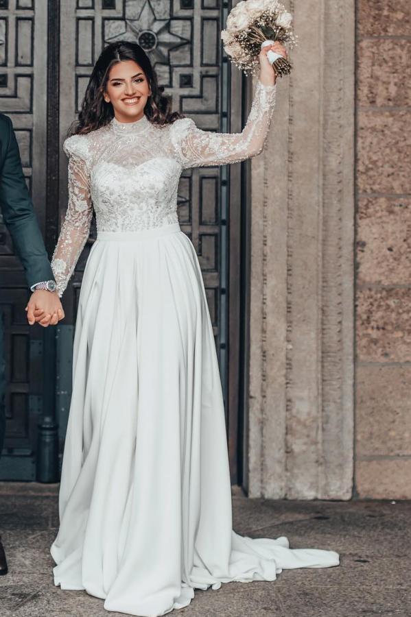 White Long A-line High Neck Chiffon Lace Wedding Dresses with Sleeves