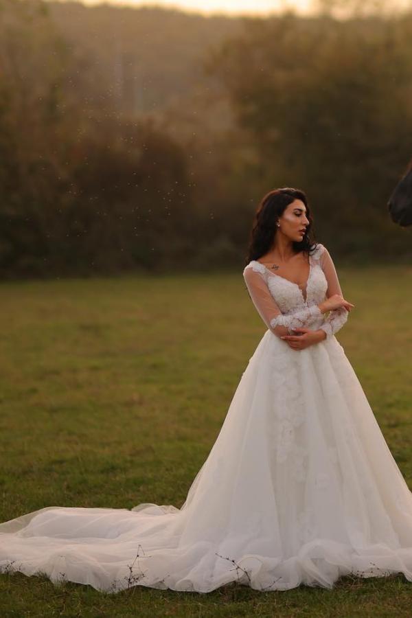 A-Line V-neck Lace Tulle Long Wedding Dresses with Sleeves