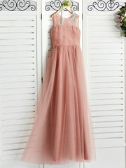 Long Crew Neck Tulle Junior Bridesmaid Dress A-line Flower Girl Dresses