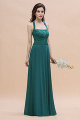 Long Wide Straps A-Line Halter Chiffon Wedding Guest Dresses