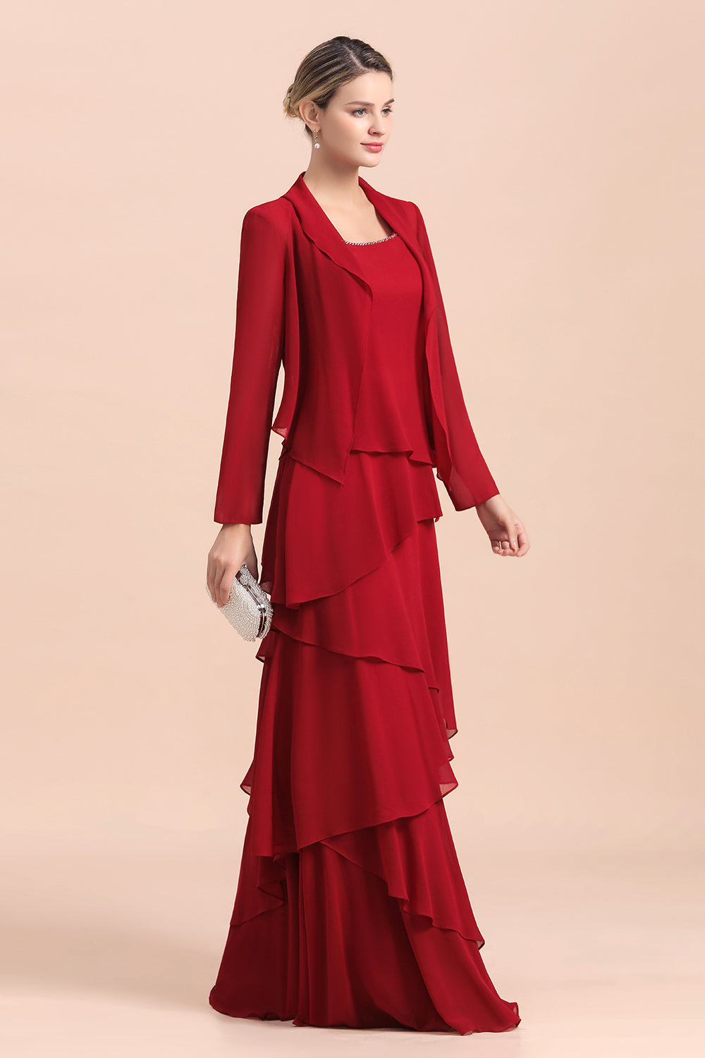 Elegant Burgundy Ruffles Chiffon Mother of the Bride Dress With Jacket