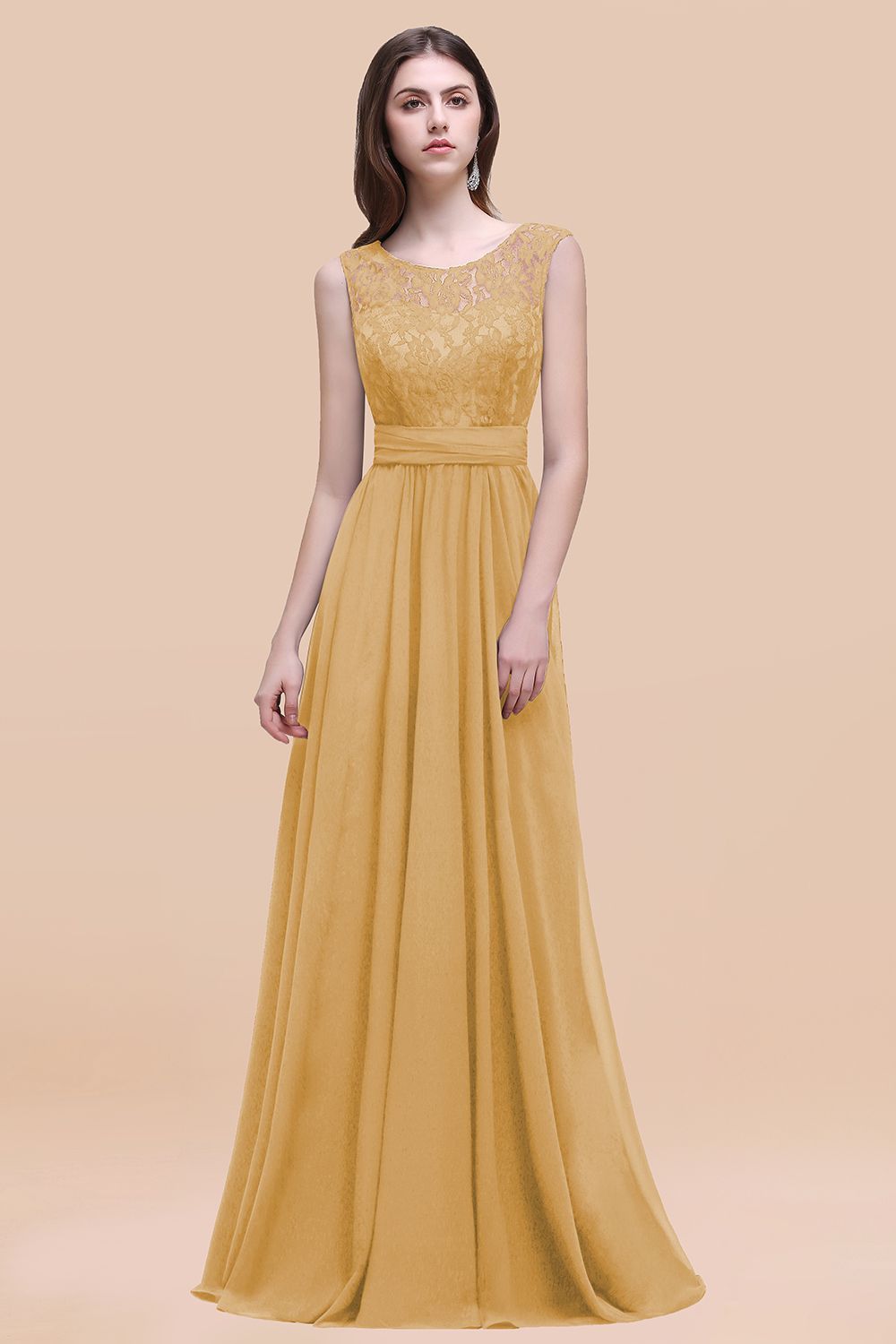 Elegant A-line Chiffon Lace Scoop Sleeveless Floor Length Bridesmaid Dress