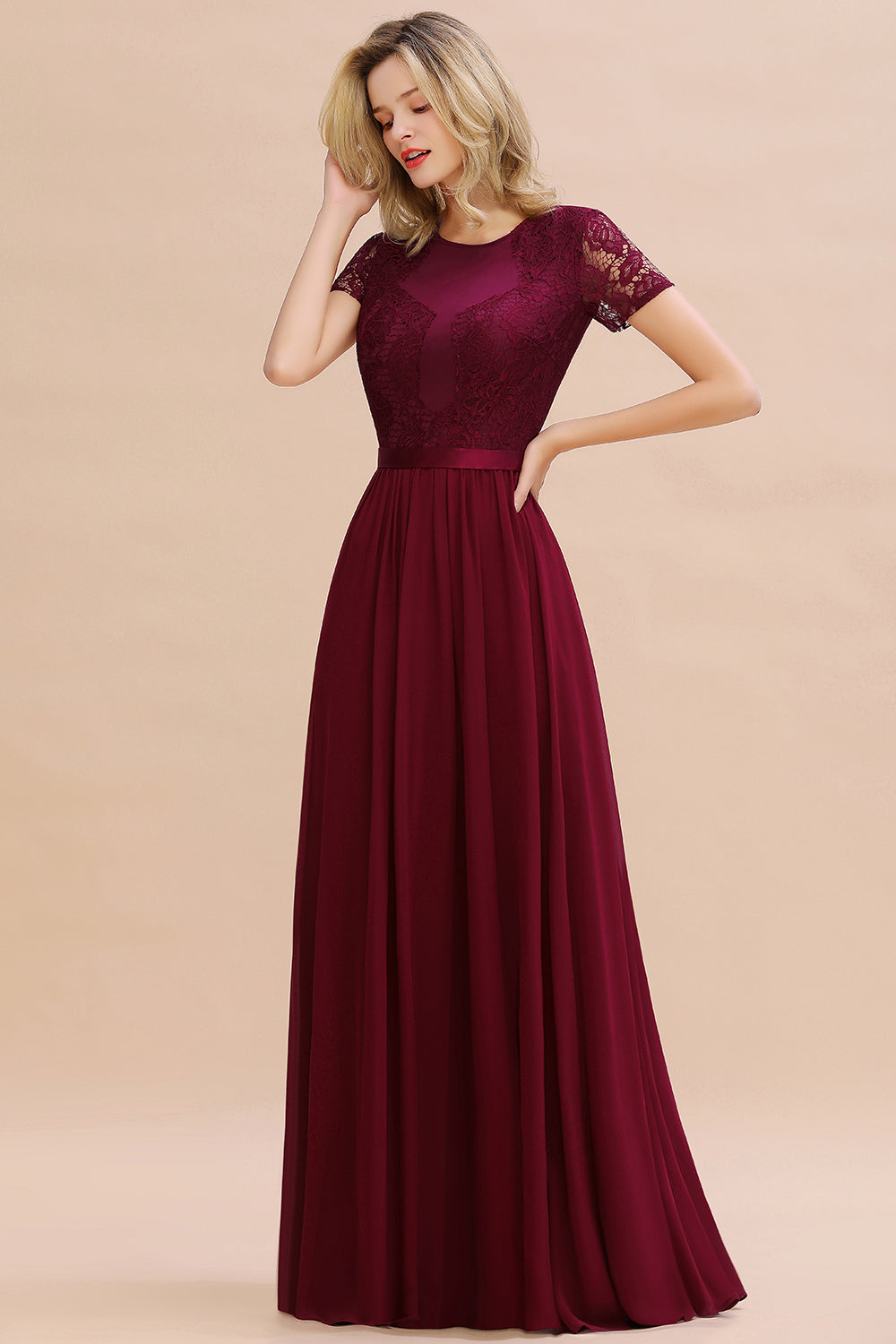 Chiffon Lace Scoop Short Sleeve Bridesmaid Dress