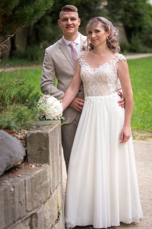 Simple Long A-line Chiffon Floor Length Wedding Dress with Appliques Lace