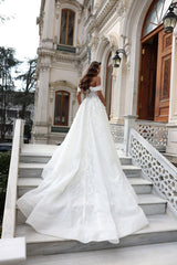 A-line Off the Shoulder Sweetheart Tulle Appliques Long Wedding Dress with High Split