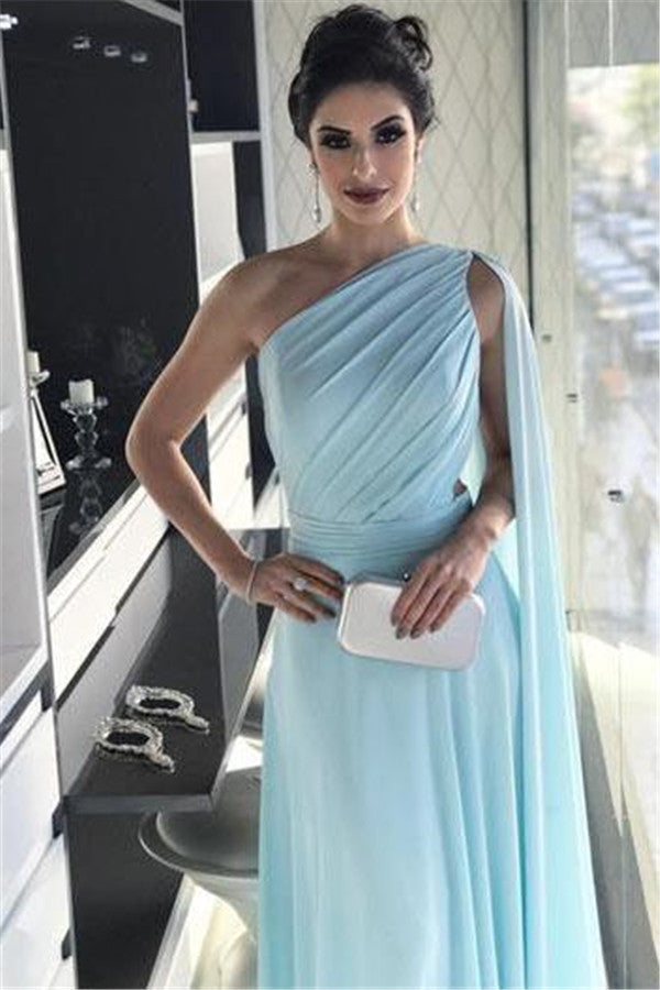 Long One Shoulder A-line Chiffon Formal Evening Dresses