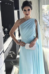 Long One Shoulder A-line Chiffon Formal Evening Dresses