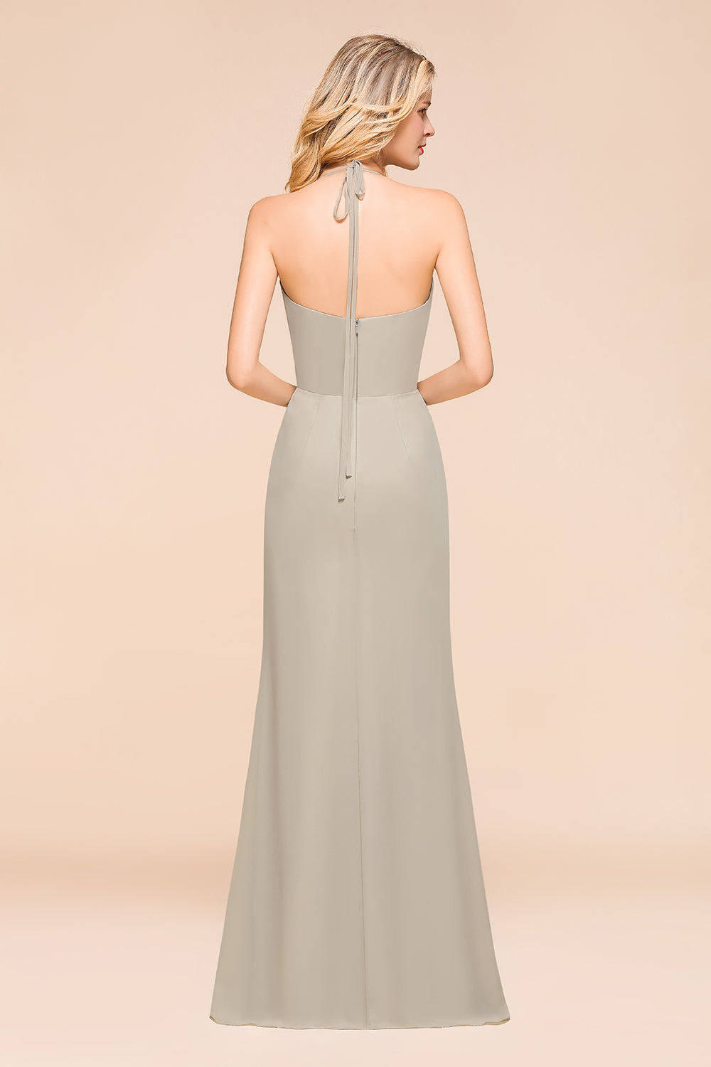 Stunning Halter V-neck Chiffon A-line Floor Length Bridesmaid Dress With Ruffles Embellishment