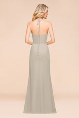 Stunning Halter V-neck Chiffon A-line Floor Length Bridesmaid Dress With Ruffles Embellishment