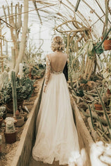 Vintage A-Line Bateau Long Sleeve Appliques Lace Open Back Chiffon Wedding Dress