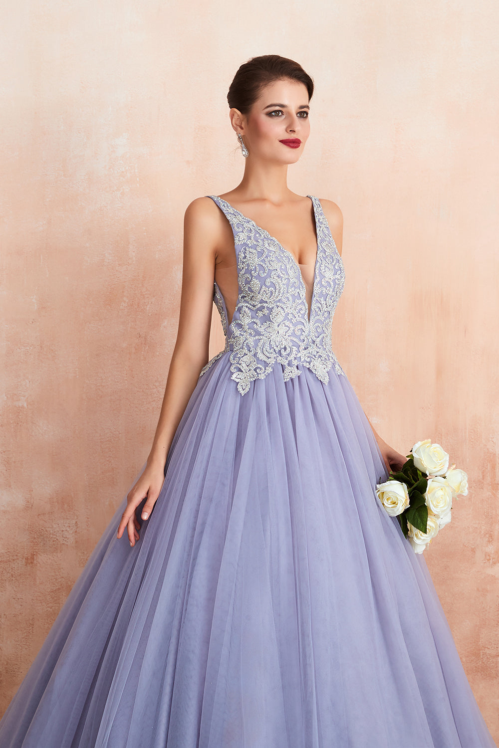 Long Ball Gown V-neck Tulle Lace Prom Dress