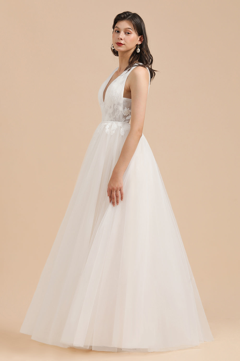 Long V-neck Lace Tulle A-line Wedding Dress