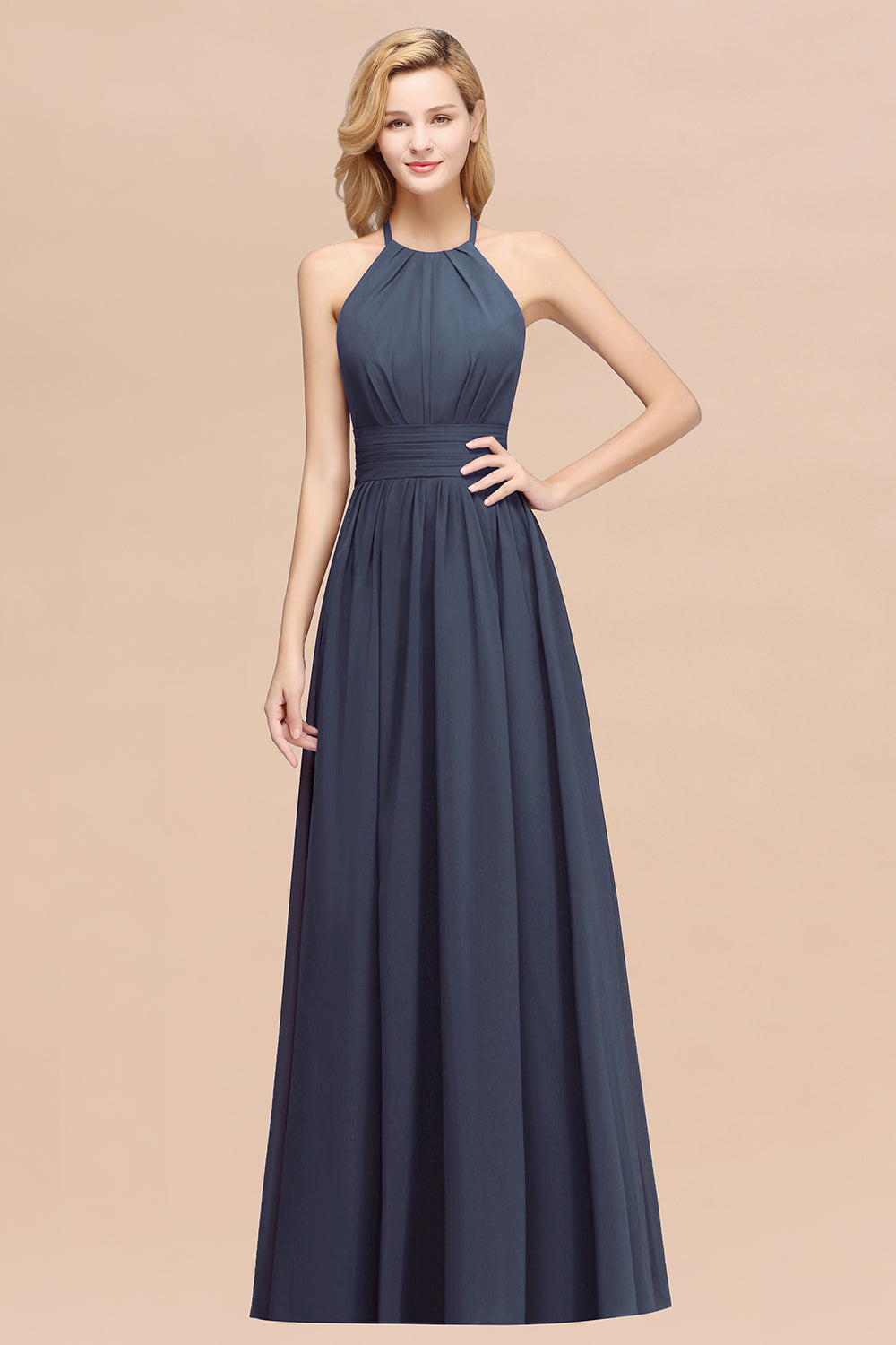 A-line Chiffon Appliques Halter Sleeveless Floor Length Bridesmaid Dresses with Ruffles