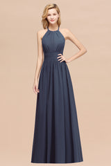 A-line Chiffon Appliques Halter Sleeveless Floor Length Bridesmaid Dresses with Ruffles