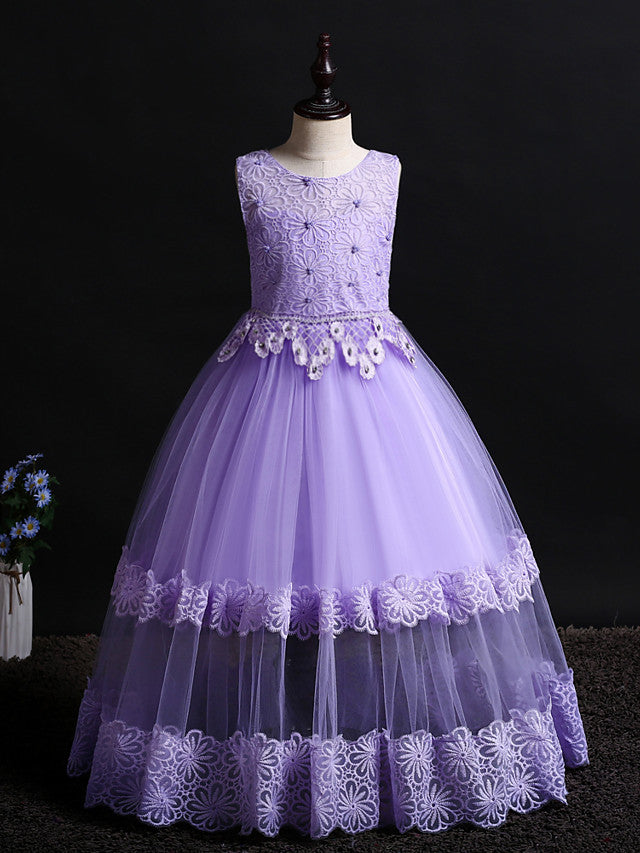 Long Princess Floor Length Sleeveless Jewel Neck Flower Girl Dresses