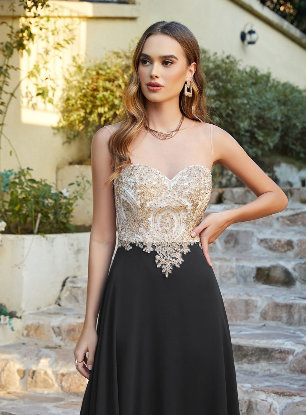 Elegant Long A-line Chiffon Sleeveless Tulle Lace Appliques Prom Dress
