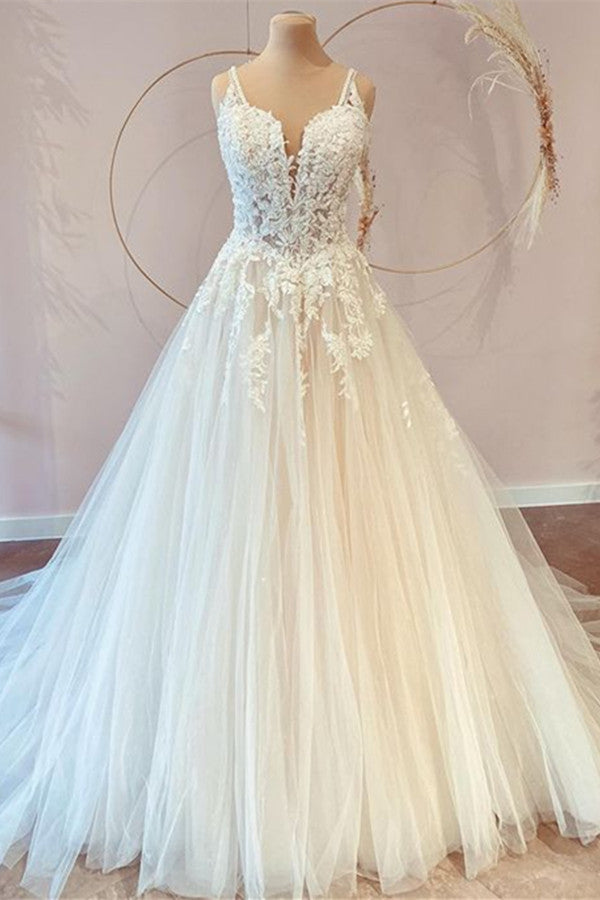 Classy Long A-line Sweetheart Tulle Appliques Lace Wedding Dresses
