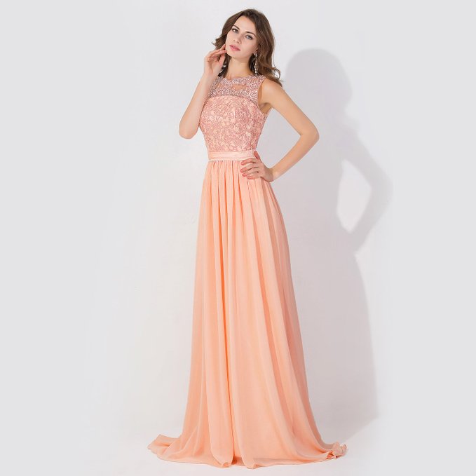 A-Line Chiffon Lace Jewel Sleeveless Floor Length Bridesmaid Dress with Ruffles