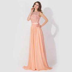 A-Line Chiffon Lace Jewel Sleeveless Floor Length Bridesmaid Dress with Ruffles