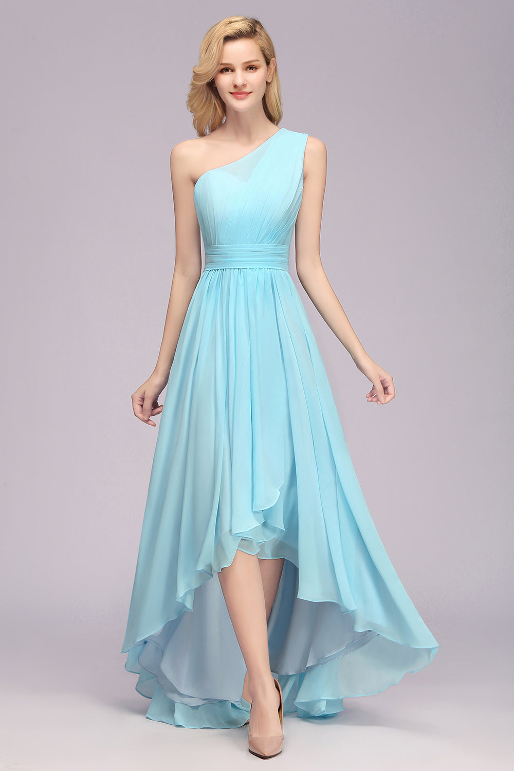 Elegant One Shoulder A-line Chiffon Ruched High Low Garden Bridesmaid Dresses