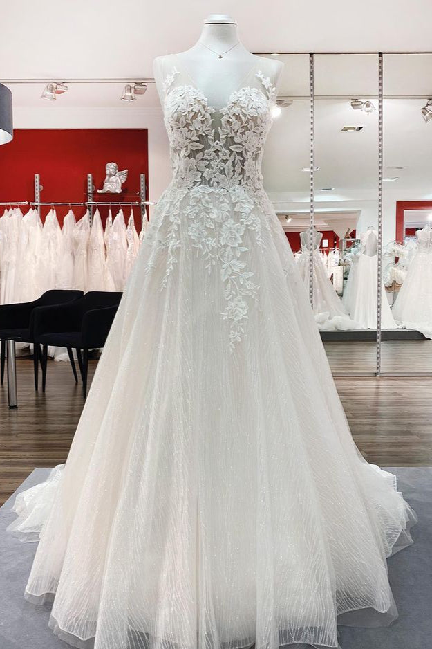 Long A-line Sweetheart Tulle Breath-taking Detailed Appliques Ruffles Open Back Wedding Dress