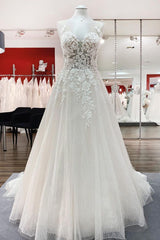 Long A-line Sweetheart Tulle Breath-taking Detailed Appliques Ruffles Open Back Wedding Dress