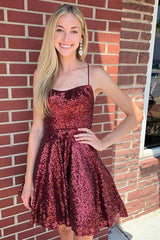 Short A-line Sparkly Spaghetti Straps Sequins Backless Homecoming Dresses