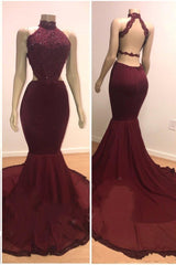 Mermaid Long Burgundy Lace High Neck Open Back Prom Dresses