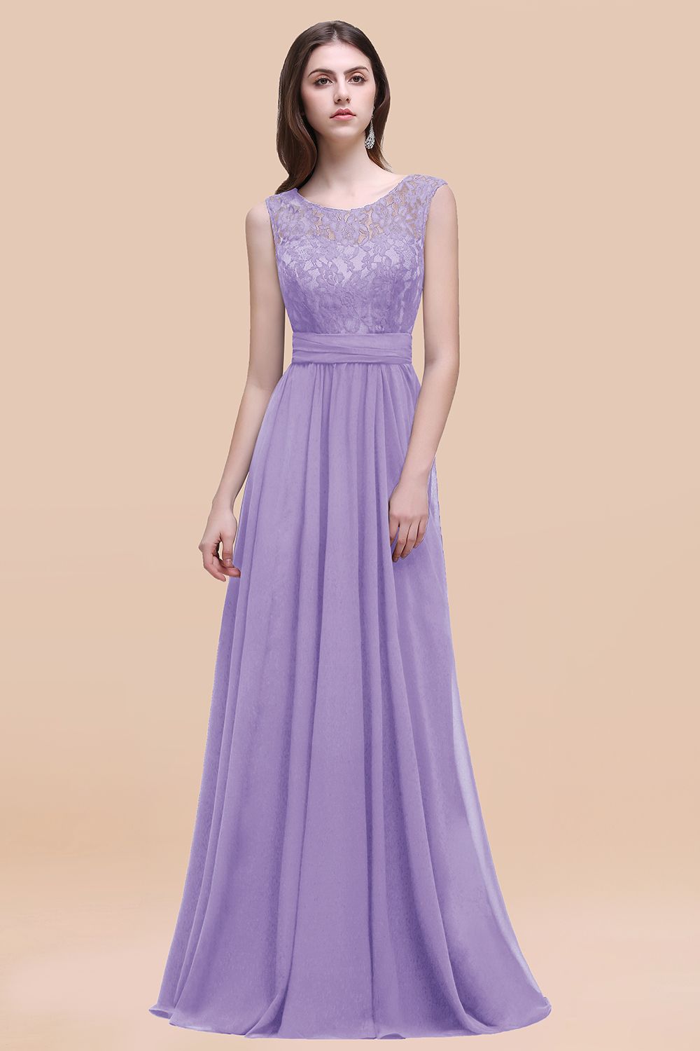 Elegant A-line Chiffon Lace Scoop Sleeveless Floor Length Bridesmaid Dress