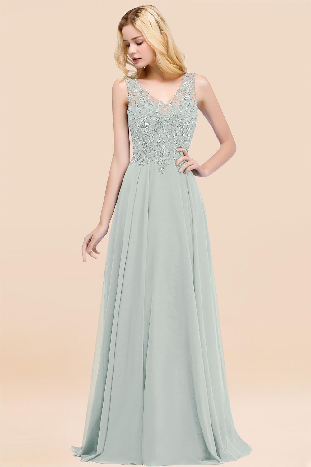 A-line Chiffon Appliques V-neck Sleeveless Floor Length Bridesmaid Dresses with Crystals