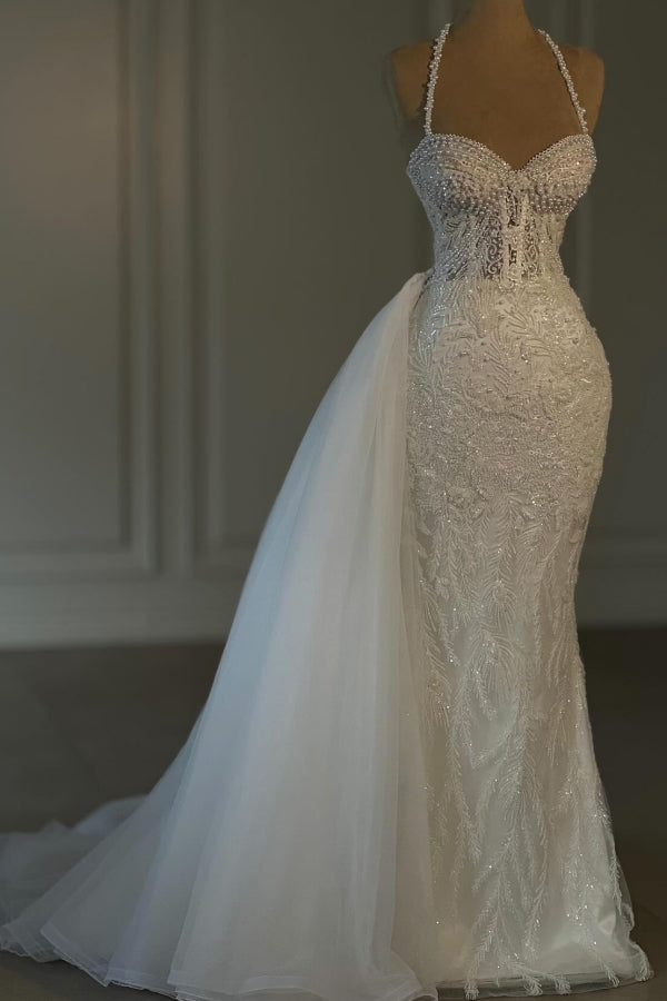 Glitter Halter Sweetheart Mermaid Long Lace Wedding Dresses with Beads