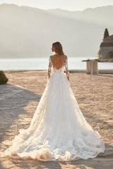 Elegant Long A-line V-neck Tulle Floral Lace Backless Wedding Dresses with Sleeves