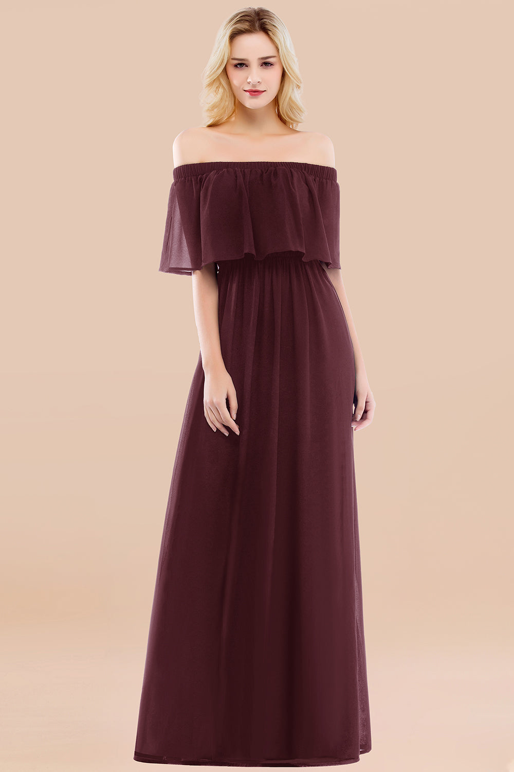 A-line Chiffon Off the Shoulder Short Sleeves Ruffles Floor Length Bridesmaid Dress