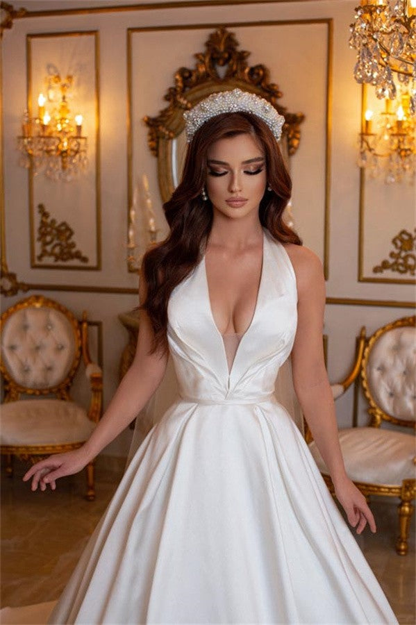 Elegant Long A-line V-neck Halter Chapel Train Satin Sleeveless Wedding Dress