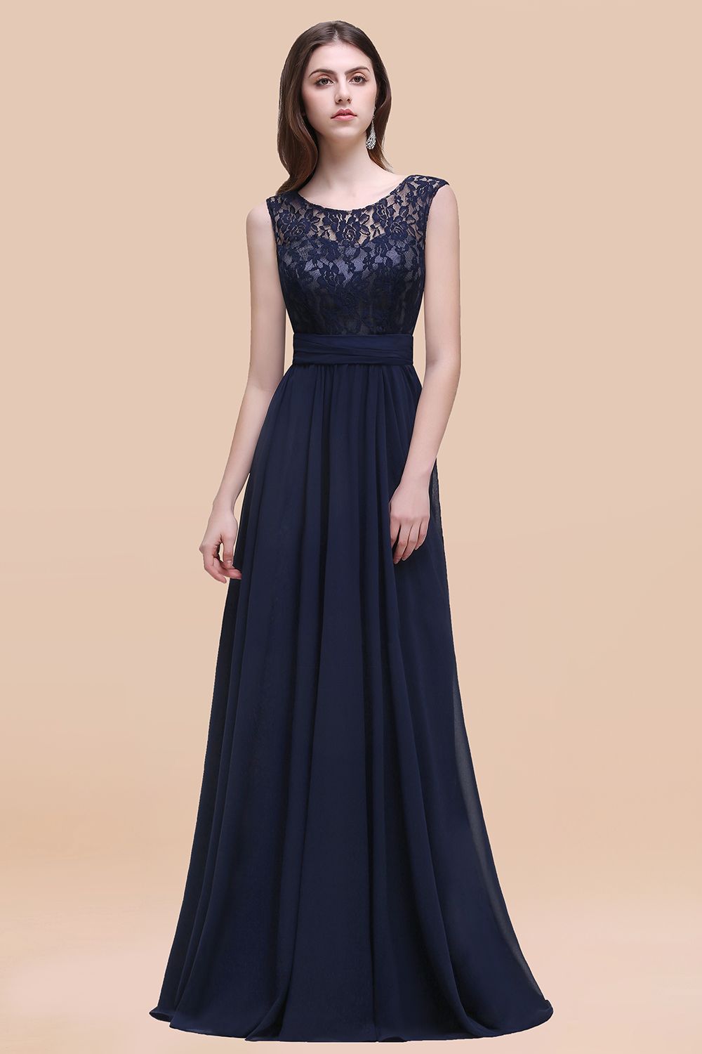 Elegant A-line Chiffon Lace Scoop Sleeveless Floor Length Bridesmaid Dress